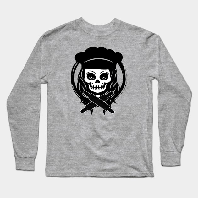 Female Baker Skull and Rolling Pins Black Logo Long Sleeve T-Shirt by Nuletto